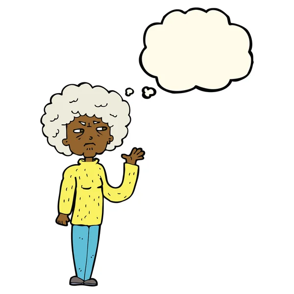 Cartoon annoyed old woman waving with thought bubble — Stock Vector