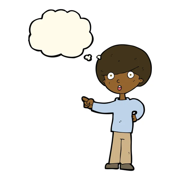 Dessin animé pointant garçon avec bulle de pensée — Image vectorielle