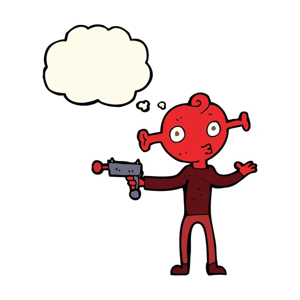 Dibujos animados alienígena con pistola de rayos con burbuja de pensamiento — Vector de stock