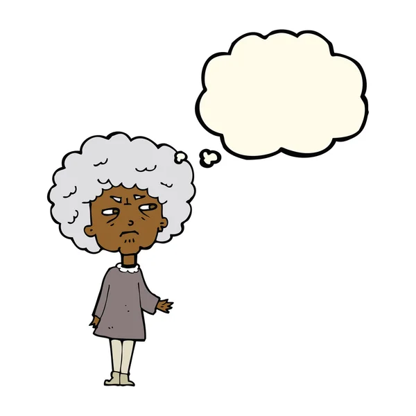 Tecknad gammal dam med tanke bubbla — Stock vektor