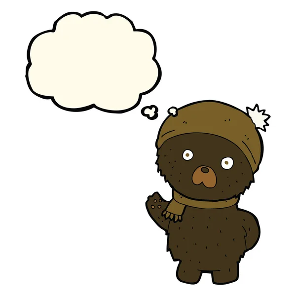 Dibujos animados lindo oso negro en el sombrero de invierno y bufanda con bub pensamiento — Vector de stock