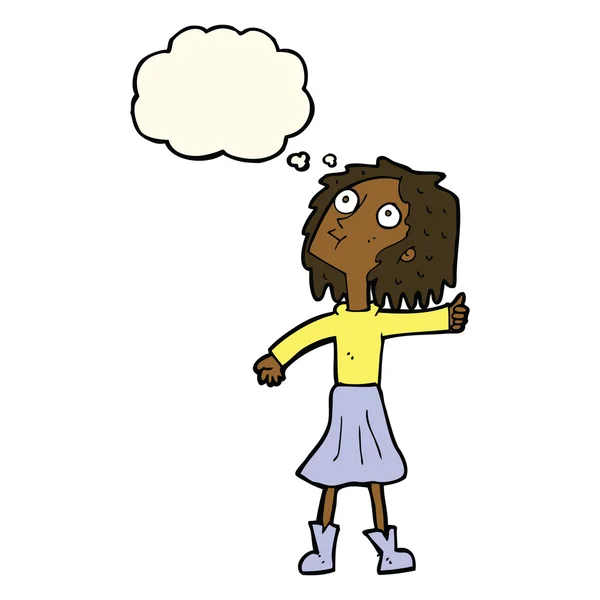 Mujer de dibujos animados mirando hacia el cielo con burbuja de pensamiento — Vector de stock