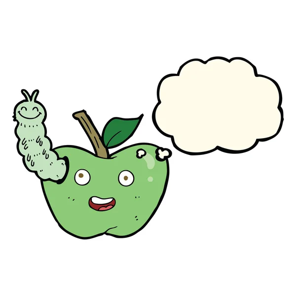 Cartoon appel met bug met gedachte zeepbel — Stockvector