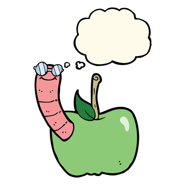 Мультяшное яблоко с червяком и мыслепузырем — стоковый вектор