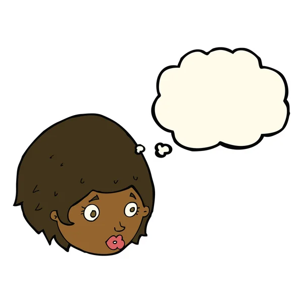 Cartoon meisje met bezorgde uitdrukking met gedachte zeepbel — Stockvector