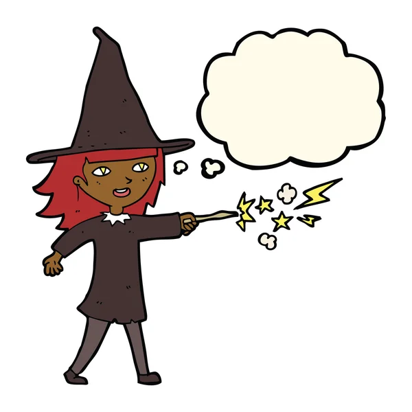 Cartoon-Hexe Mädchen Zauberspruch mit Gedankenblase — Stockvektor