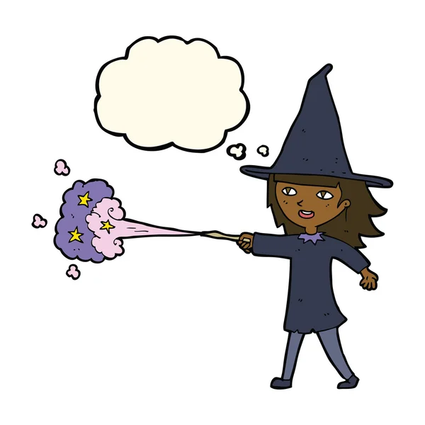 Cartoon witch girl casting spell with thought bubble — Stock Vector