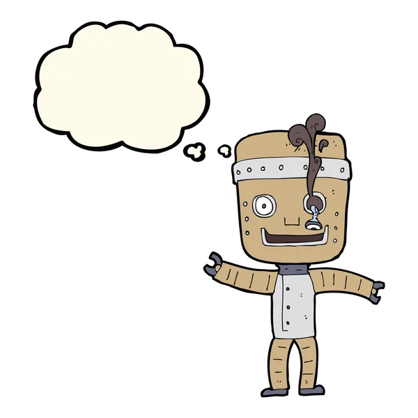 Cartoon grappig oud robot met gedachte zeepbel — Stockvector