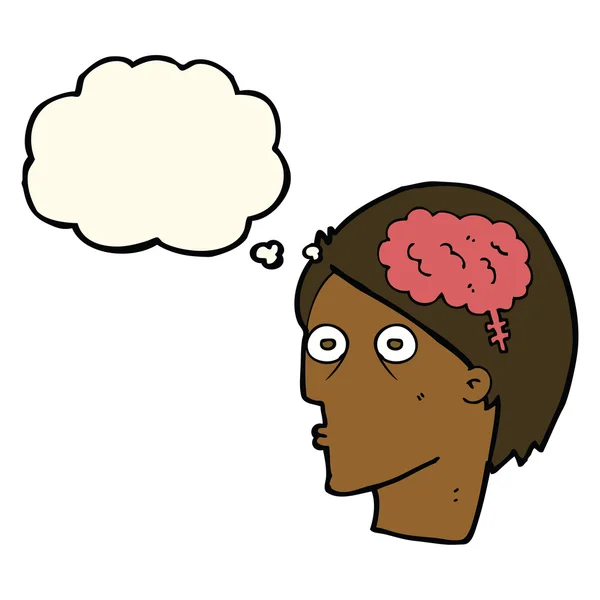 Głowa kreskówki z symbolem mózgu z bańki myślowej — Wektor stockowy