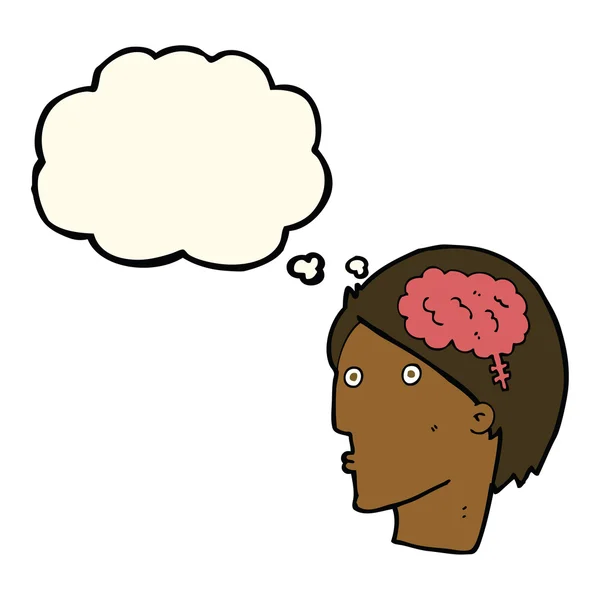 Uomo dei cartoni animati con cervello simbolo con bolla di pensiero — Vettoriale Stock