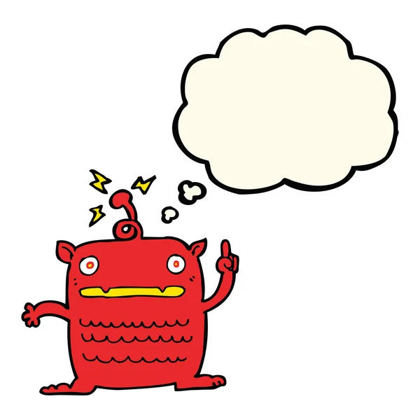 Cartone animato strano piccolo alieno con bolla di pensiero — Vettoriale Stock