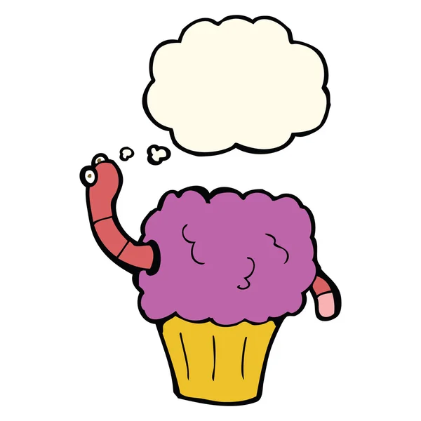 Cartoon worm in cupcake met gedachte zeepbel — Stockvector