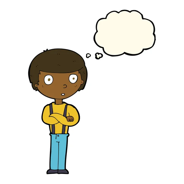 Dibujos animados niño mirando con los brazos cruzados con burbuja de pensamiento — Vector de stock