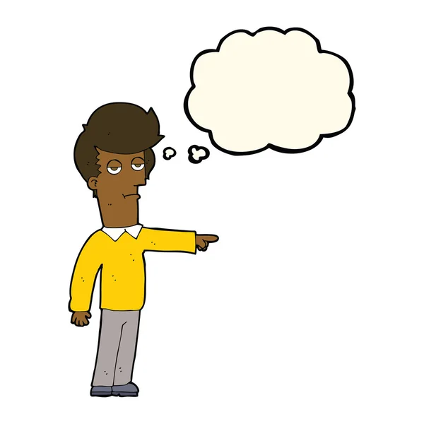 Dessin animé pointant l'homme avec bulle de pensée — Image vectorielle