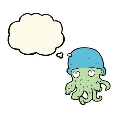 Düşünce baloncuklu şapka takan uzaylı kafası.