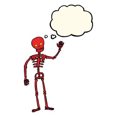 Düşünce baloncuğu ile iskeleti sallayan çizgi film