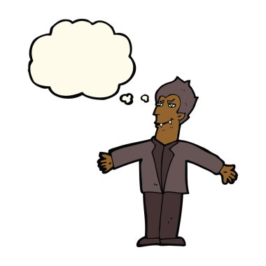 Düşünce baloncuğuyla kollarını açmış vampir bir çizgi film kahramanı.