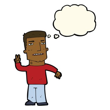 düşünce balonu ile barış işareti veren çizgi film adam