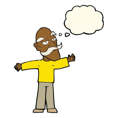 çizgi film yaşlı adam düşünce baloncuğuyla kollarını açıyor.