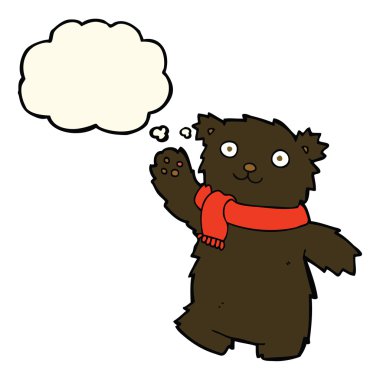 Düşünce baloncuklu atkı takan oyuncak ayı.