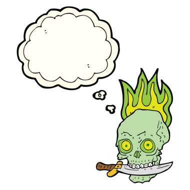 Düşünce baloncuklu dişlerinde bıçak olan korsan kafatası.