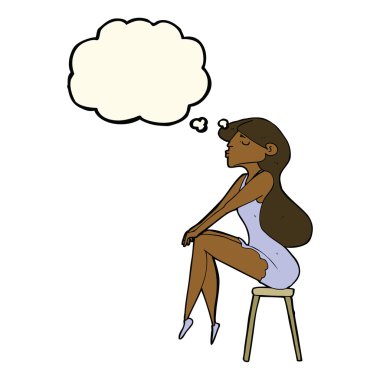 Düşünce baloncuğuyla taburede oturan kadın.