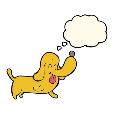 Düşünce baloncuklu mutlu bir köpek.