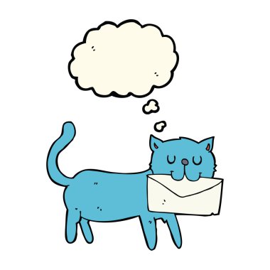 Düşünce baloncuklu mektup taşıyan çizgi film kedisi.