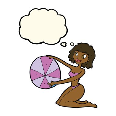 Düşünce balonlu plaj topu olan bikinili kız.