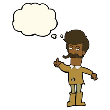 Düşünce baloncuğu olan fakir giysili yaşlı bir adam.