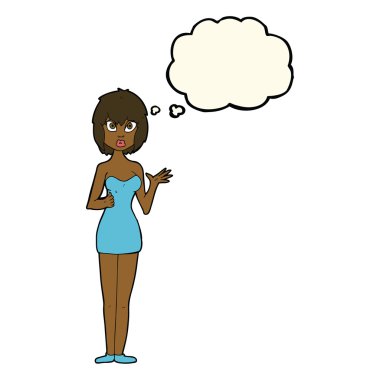 kokteyl elbisesi düşünce balonu ile karışık kadın karikatür