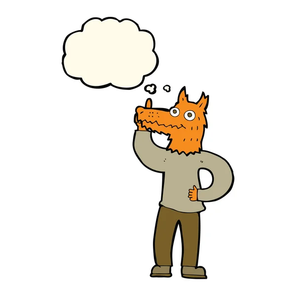 Uomo volpe cartone animato con idea con bolla di pensiero — Vettoriale Stock
