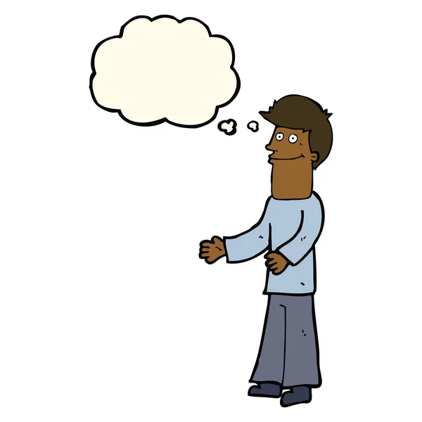 Hombre de dibujos animados hombros encogiéndose de hombros con burbuja de pensamiento — Vector de stock