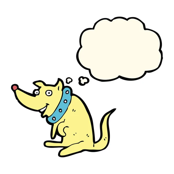 Cartone animato felice cane in grande colletto con bolla di pensiero — Vettoriale Stock