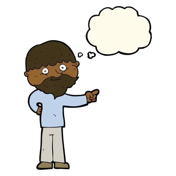 Cartone animato uomo barbuto che punta con bolla di pensiero — Vettoriale Stock