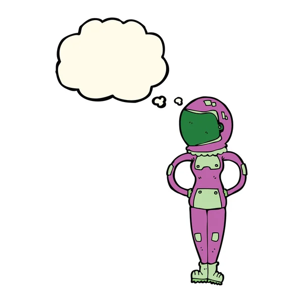 Kreslený ženský astronaut s myšlenkovou bublinou — Stockový vektor