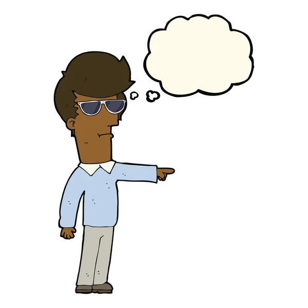 Dessin animé homme dans des lunettes pointant avec bulle de pensée — Image vectorielle