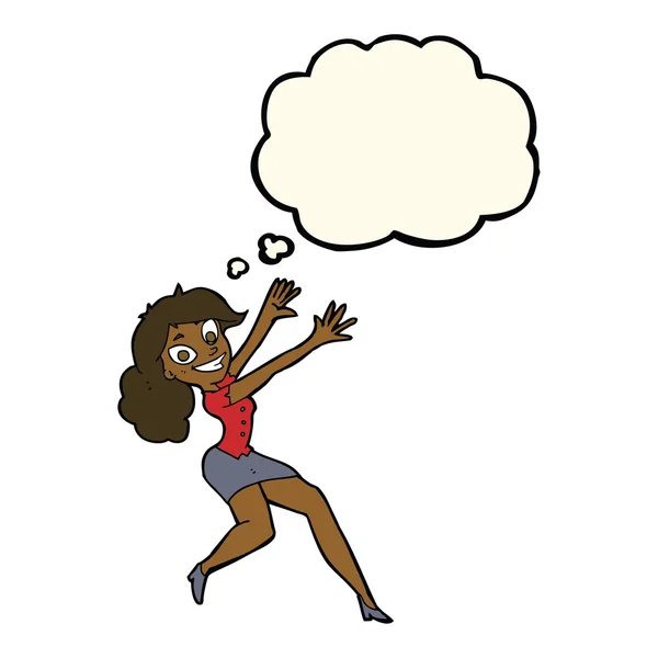 Cartoon gelukkig vrouw springen met gedachte zeepbel — Stockvector
