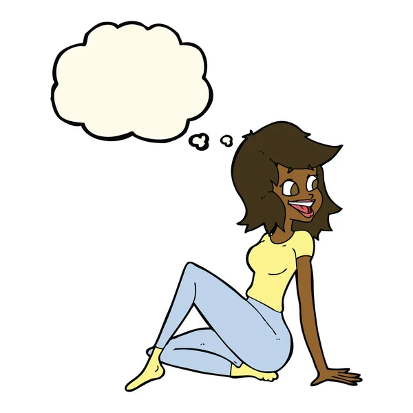 Karikatur hübsche Frau sieht glücklich mit Gedankenblase — Stockvektor