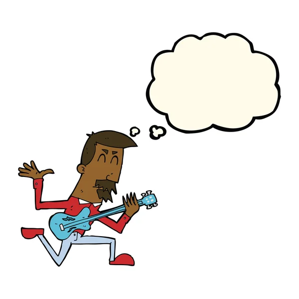 Cartoon man playing electric guitar with thought bubble — Stock Vector