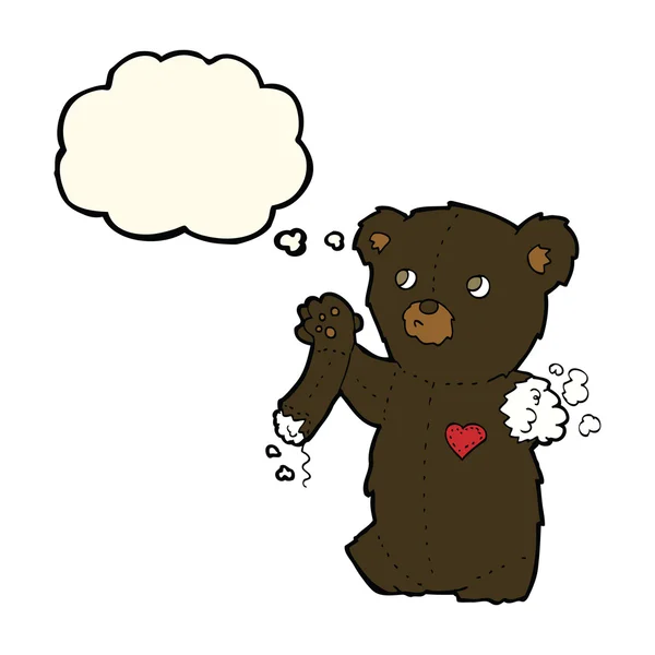 Urso preto de pelúcia de desenho animado com braço rasgado com bolha de pensamento — Vetor de Stock