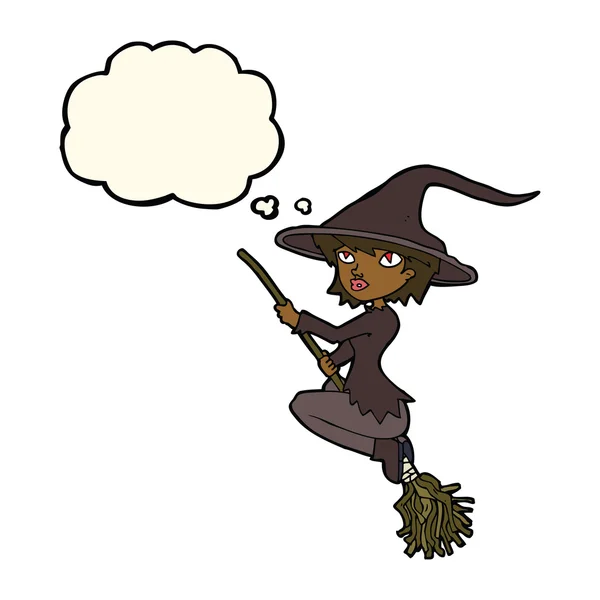 Kreskówki czarownica jazda miotła z bańki myślowej — Wektor stockowy
