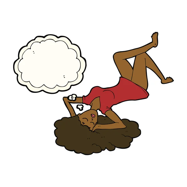 漫画の女性は思考バブルで床に横たわっています — ストックベクタ