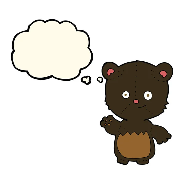 Desenho animado pequeno urso preto acenando com bolha de pensamento — Vetor de Stock