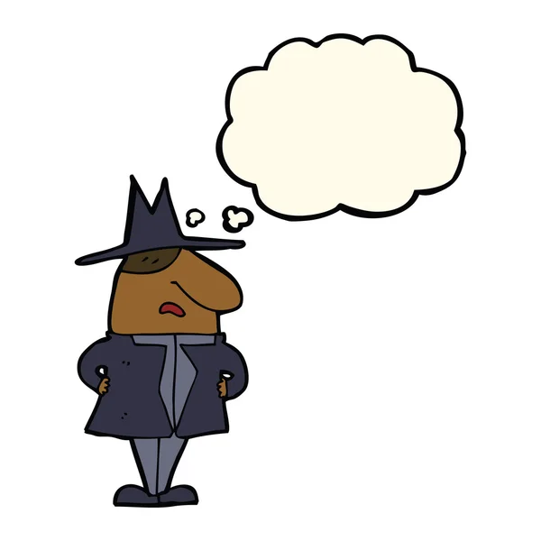 Καρτούν άνθρωπος σε παλτό και καπέλο με φούσκα σκέψης — Διανυσματικό Αρχείο