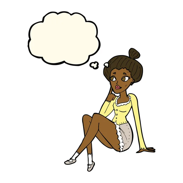 Dibujos animados mujer atractiva sentada pensando con burbuja de pensamiento — Vector de stock