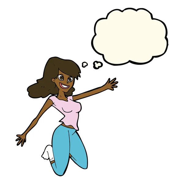 Cartoon springende Frau mit Gedankenblase — Stockvektor