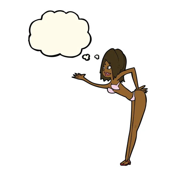 Mujer de dibujos animados en bikini con burbuja de pensamiento — Vector de stock