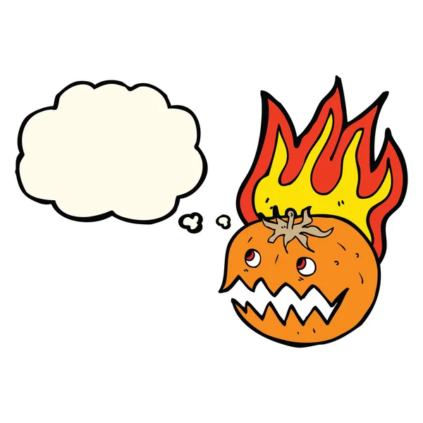 Cartoon flaming pumpkin with thought bubble — Stock Vector