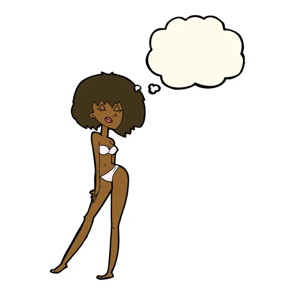 Mujer de dibujos animados en bikini con burbuja de pensamiento — Vector de stock